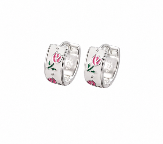 Pink Tulip- silver hoop